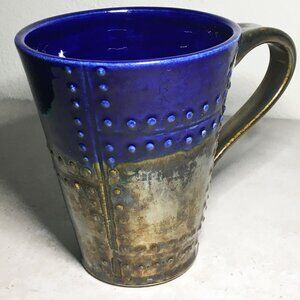 Unique Coffee Cup Mug Sheet Metal Design -Blue/Chrome Art Studio Pottery 16-18oz